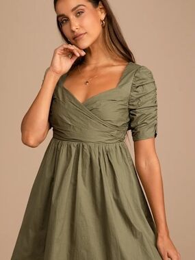 Lulu's Olive Green Ruched Sleeve Mini Dress, Size Medium